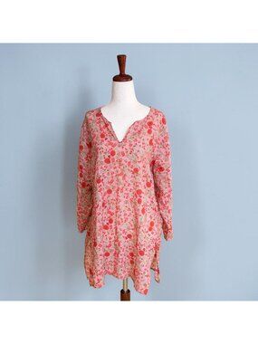 Roller Rabbit Rhody Kurta Tunic Top V-neck Size XL Pink Floral Cotton Beach